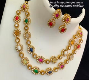 Multicolor Navratan Matte Gold Kemp style CZ stones necklace set