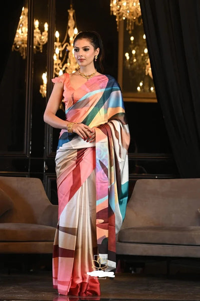 Multi-Color Digital Print Satin Crepe Saree