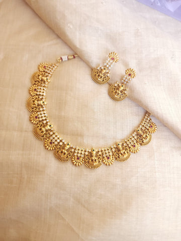 Aarvi goldplated contemporary Necklace set with Green and Red Stonework
