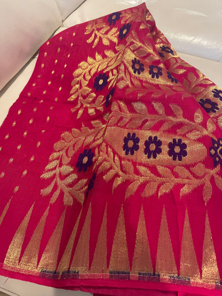 Dark Pink & Gold Handwoven Zari Jamdani Saree
