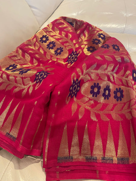 Dark Pink & Gold Handwoven Zari Jamdani Saree