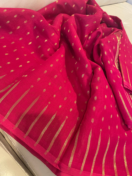 Dark Pink & Gold Handwoven Zari Jamdani Saree