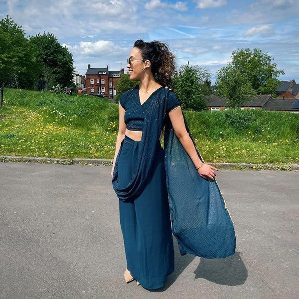 Navy Sequin Embroidered Pre-Stitched Saree (Without Blouse)