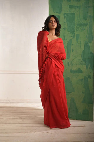 Red Mul Mul Cotton Saree