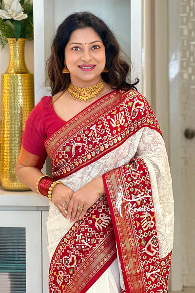 Red and White Georgette saree with lucknowi work on all over the saree