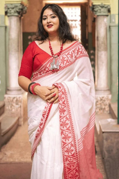 Bengali Pure Handloom Red and White Cotton Saree