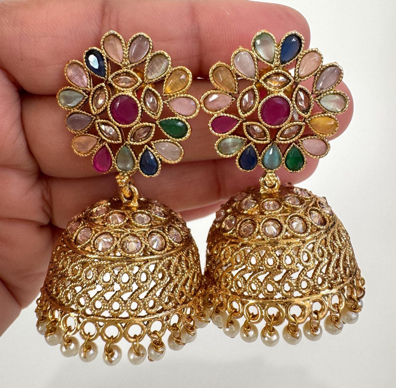 Gold Plated Multi Color Polki Jhumka