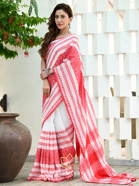 Red and White Dhanikali Saree