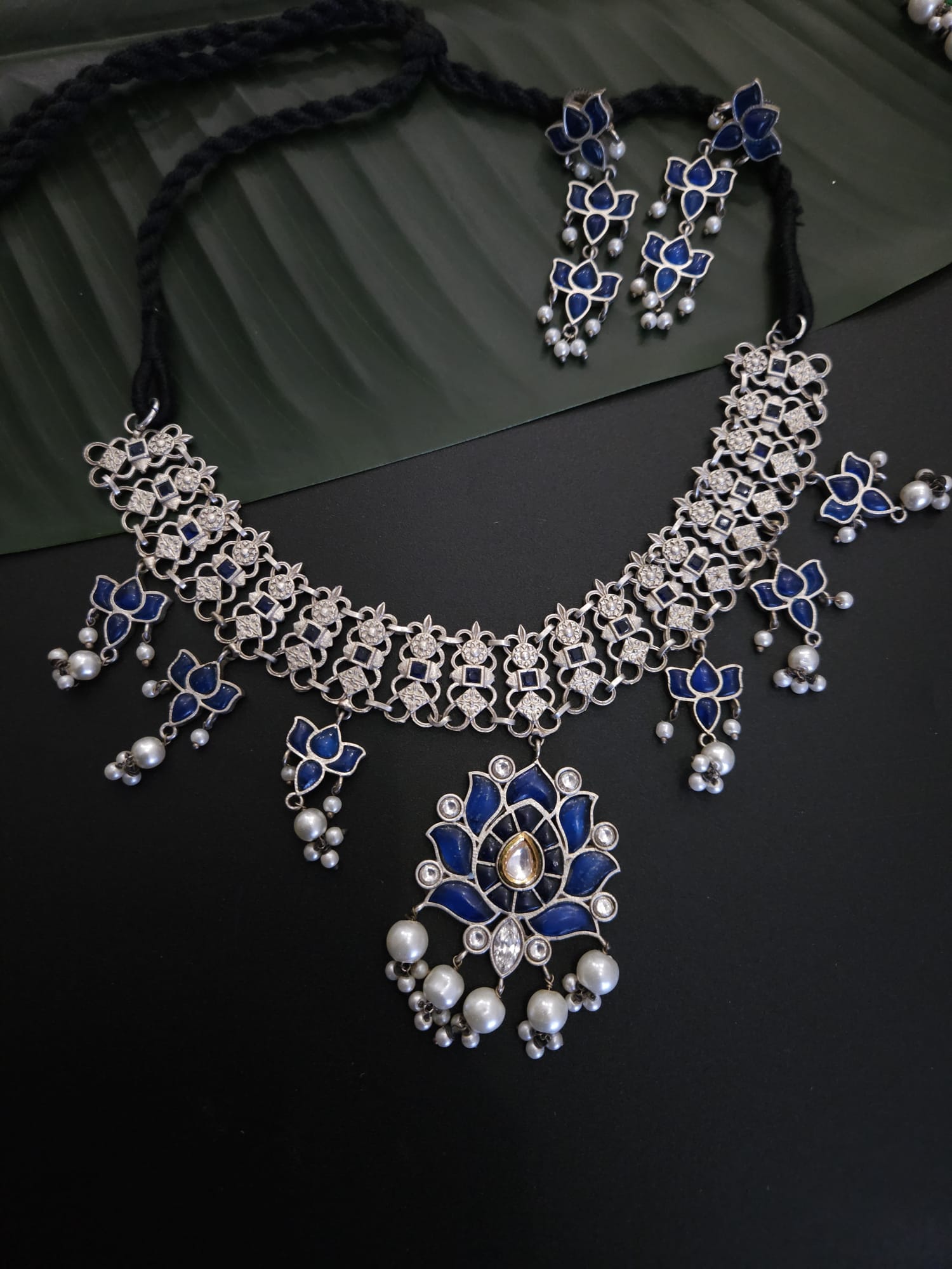Achyutha Blue Colored Fusion Choker Necklace set