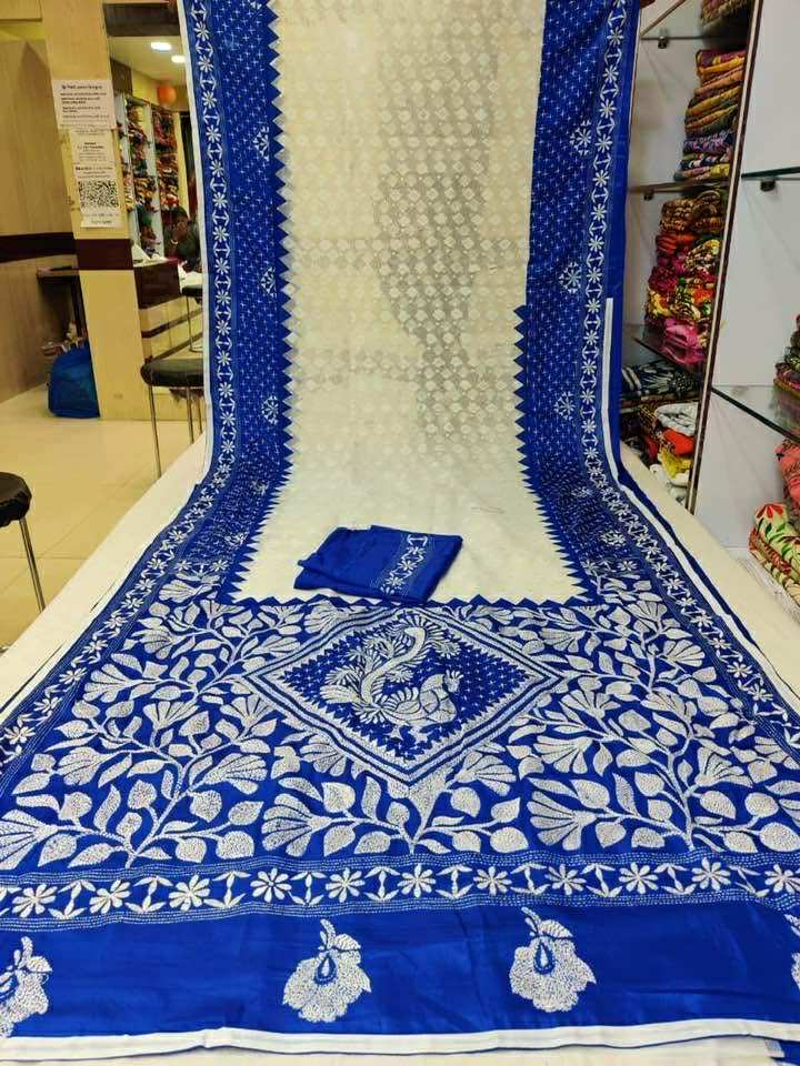 Off White and Blue Jam Kantha Saree