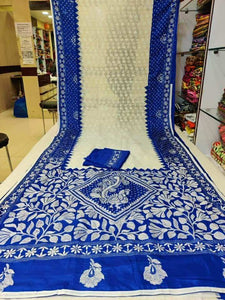 Off White and Blue Jam Kantha Saree