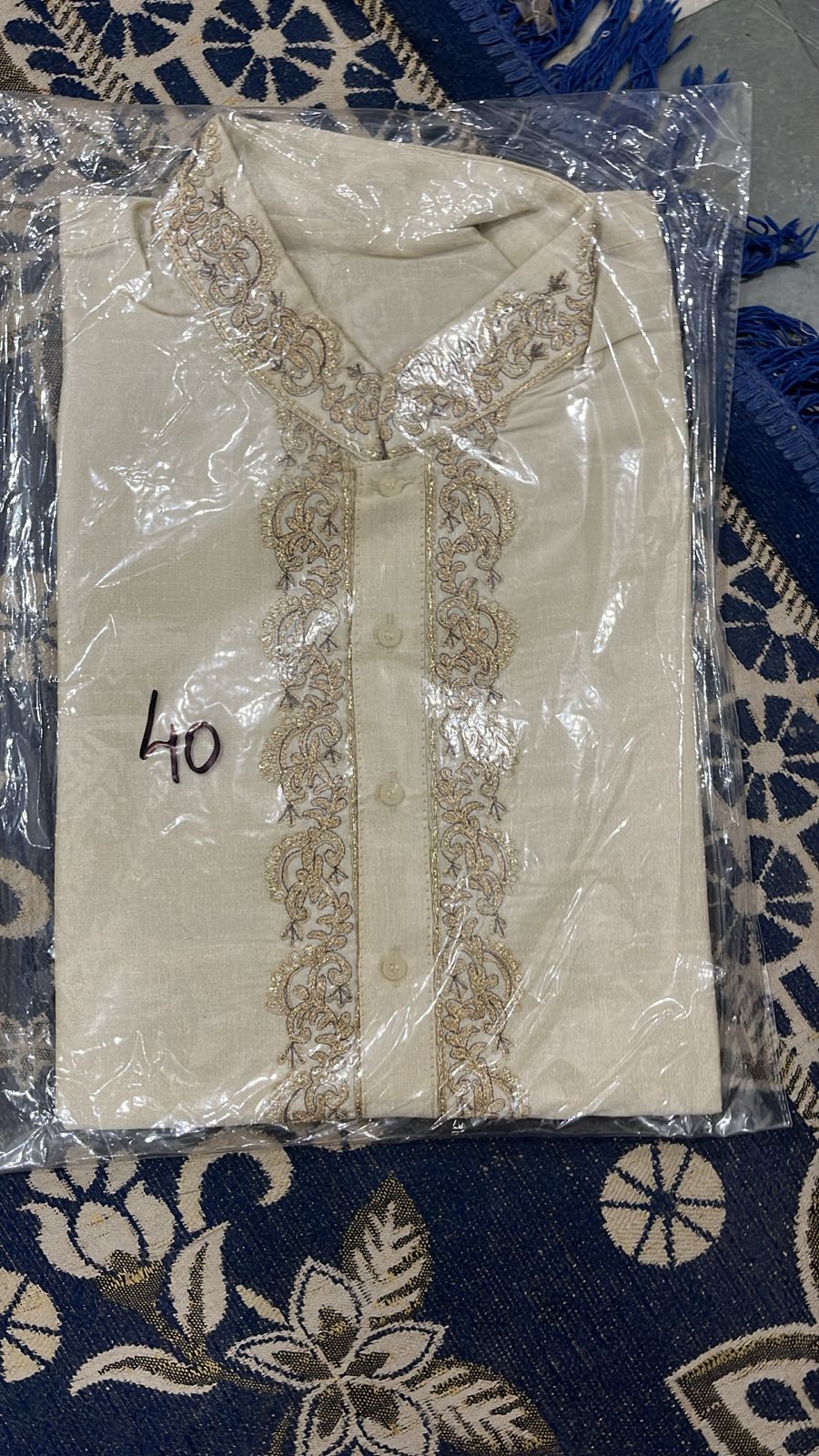 Off White Colored Embroidered Cotton Mens Short Kurta