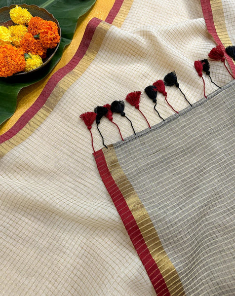 Off White Mulmul Cotton Golden Zari Stripes Saree With Tassels