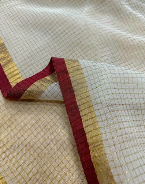 Off White Mulmul Cotton Golden Zari Stripes Saree With Tassels