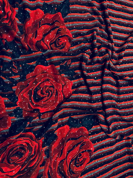 Red And Black Chiffon Georgette Floral Printed Saree With Sequins