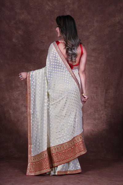 Off-White and Red Georgette Chiffon Zardosi Saree