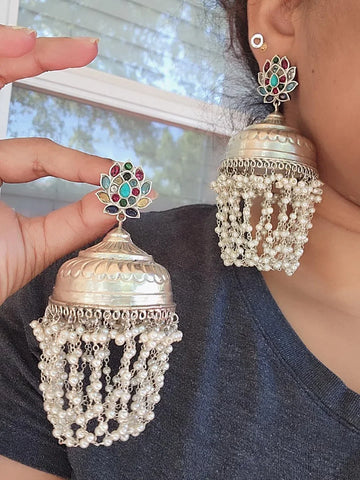 German Silver Fusion Multicolor Chandbali Earrings