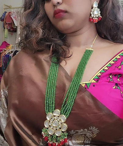 Green Onyx Multi Layered Kundan Long Mala Rani Haar Necklace Earrings Set