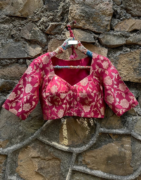 Readymade Maroon Silk Elbow Sleeve Blouse With Floral Design