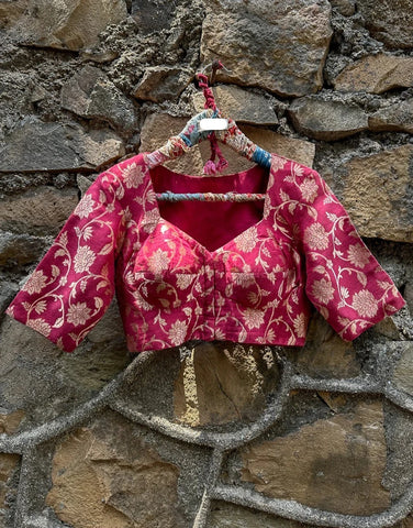 Readymade Soft Maroon Silk Elbow Sleeve Blouse With Floral Design