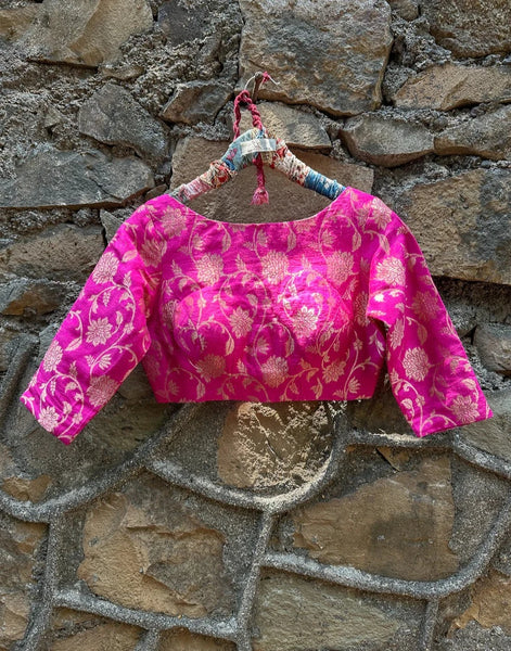Readymade  Pink Boat-neck Blouse With Zari Florals