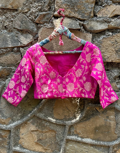 Readymade  Pink Boat-neck Blouse With Zari Florals