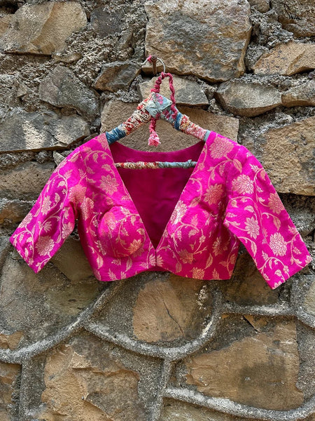 Readymade Pink Silk Elbow Sleeve Designer Blouse With V Neck