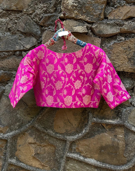 Readymade Pink Silk Elbow Sleeve Designer Blouse With V Neck
