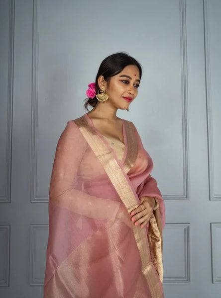 Pink and Gold Banarasi Pure Silk Organza Saree