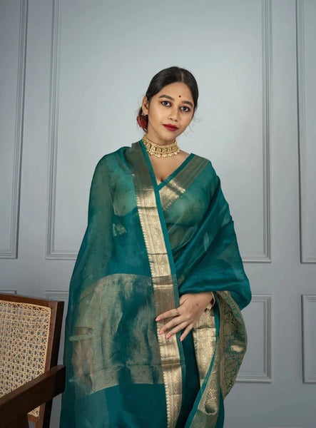Deep Teal and Gold Banarasi Pure Silk Organza Saree