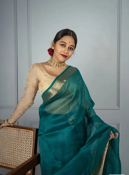 Deep Teal and Gold Banarasi Pure Silk Organza Saree