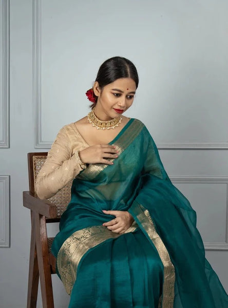Deep Teal and Gold Banarasi Pure Silk Organza Saree