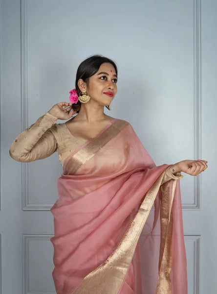 Pink and Gold Banarasi Pure Silk Organza Saree