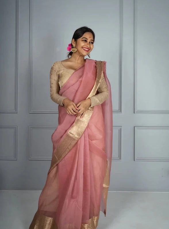 Pink and Gold Banarasi Pure Silk Organza Saree