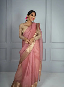 Pink and Gold Banarasi Pure Silk Organza Saree