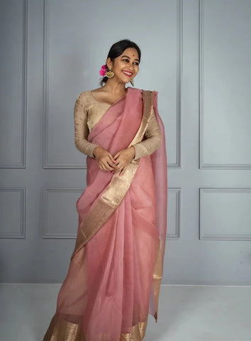 Pink and Gold Banarasi Pure Silk Organza Saree