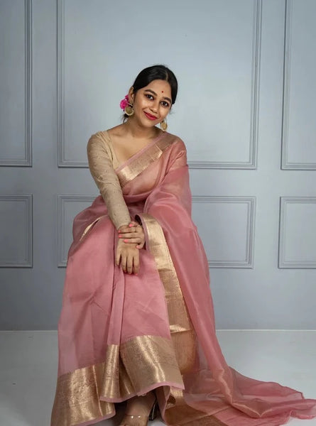 Pink and Gold Banarasi Pure Silk Organza Saree