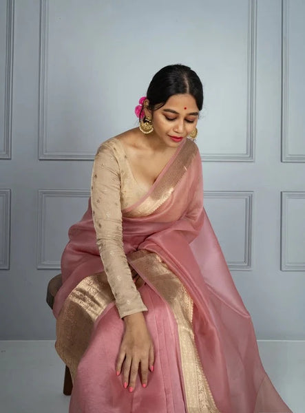 Pink and Gold Banarasi Pure Silk Organza Saree