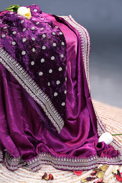 Magenta Wine Crepe Silk Sarees with Sabyasachi Border with Velvet Blouse