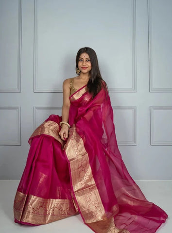 Rani Pink and Gold Banarasi Pure Silk Organza Saree