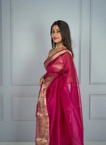 Rani Pink and Gold Banarasi Pure Silk Organza Saree
