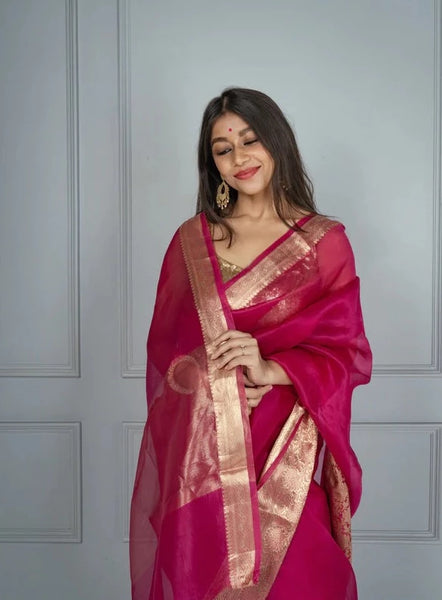 Rani Pink and Gold Banarasi Pure Silk Organza Saree