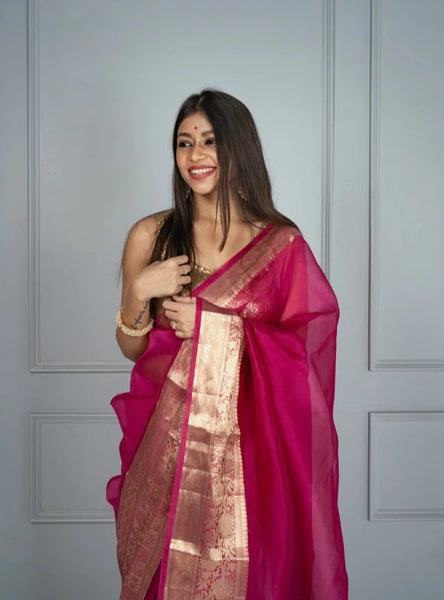 Rani Pink and Gold Banarasi Pure Silk Organza Saree