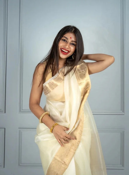 White and Gold Banarasi Pure Silk Organza Saree