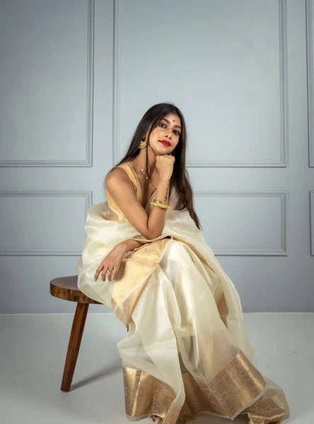 White and Gold Banarasi Pure Silk Organza Saree