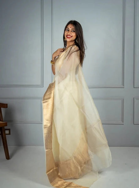 White and Gold Banarasi Pure Silk Organza Saree
