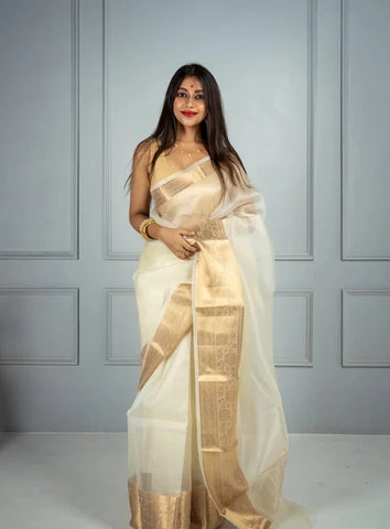 White and Gold Banarasi Pure Silk Organza Saree
