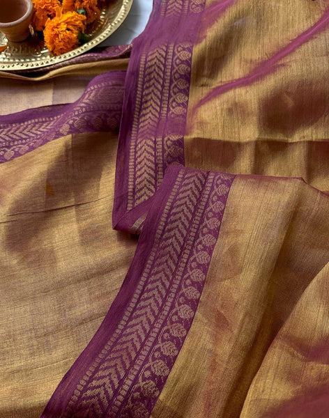 Dual-colored Copper Tissue Cotton Saree