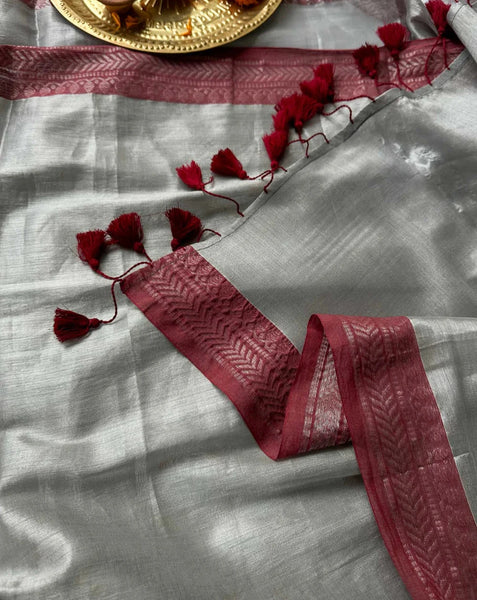 Dual-colored Silver Tissue Cotton Saree