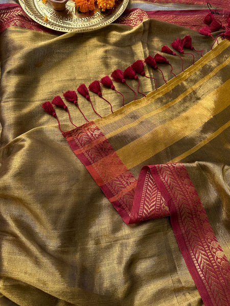 Dual-colored Gold Tissue Cotton Saree With Red Jacquard Border